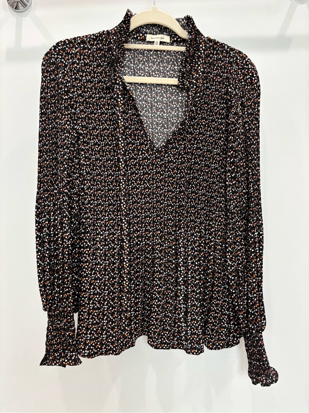 Max Studio Black Floral V-Neck Long-Sleeve Blouse